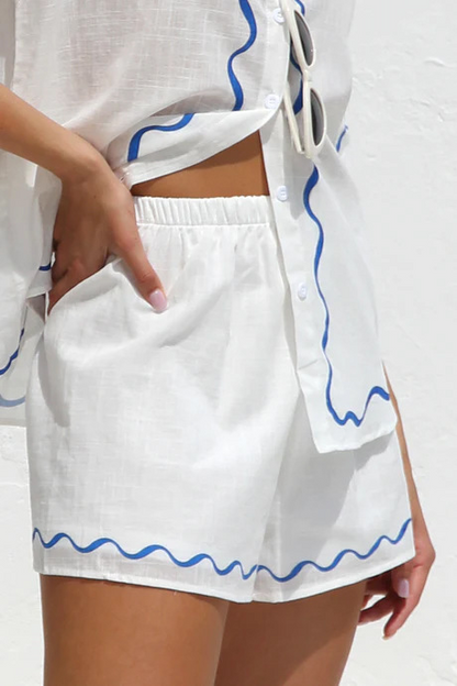 Two-Piece Co-ord Set with Sun-Print Shirt and Matching Shorts, Cotton-Linen Blend