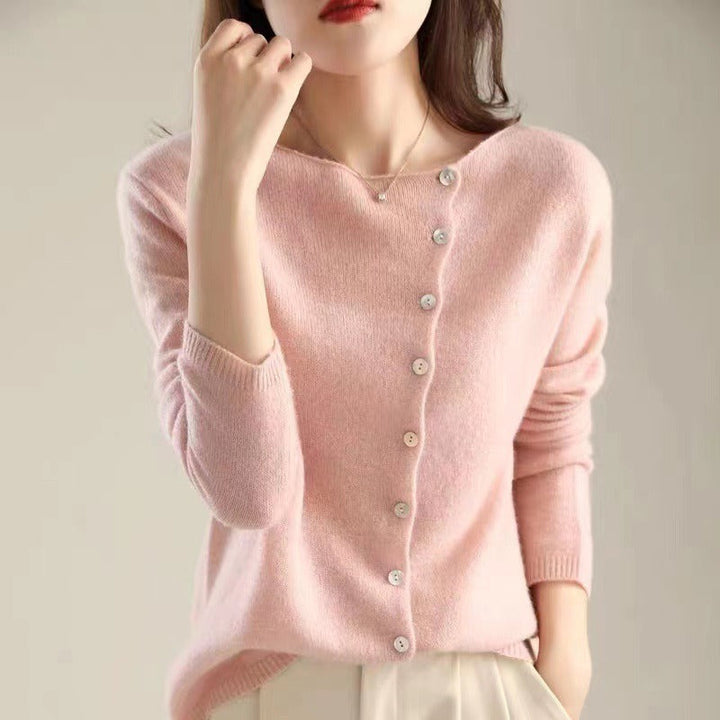Asymmetric Button Sweater in Khaki Soft Knit with Off-Center Placket Detail and Long Sleeves