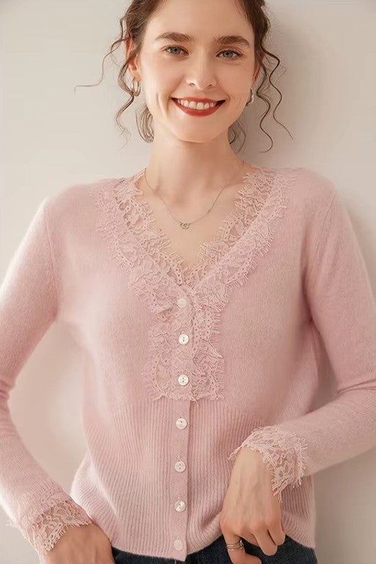 Cashmere Cardigan with Lace-Trim Detail and Relaxed Knit Fit in Khaki