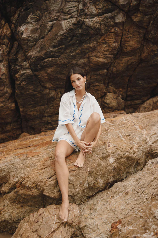 Two-Piece Co-ord Set with Sun-Print Shirt and Matching Shorts, Cotton-Linen Blend