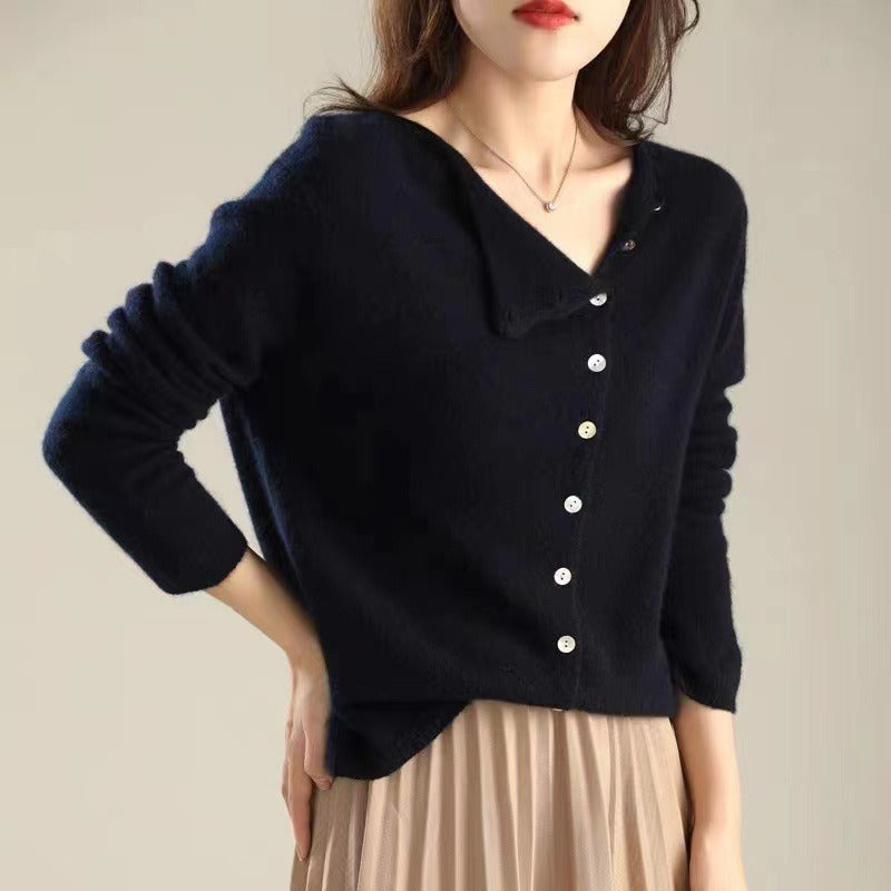 Asymmetric Button Sweater in Khaki Soft Knit with Off-Center Placket Detail and Long Sleeves