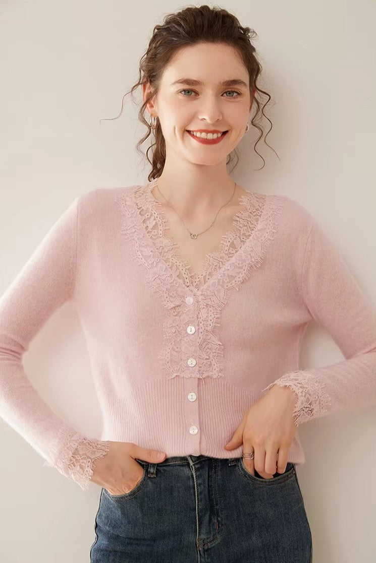 Cashmere Cardigan with Lace-Trim Detail and Relaxed Knit Fit in Khaki