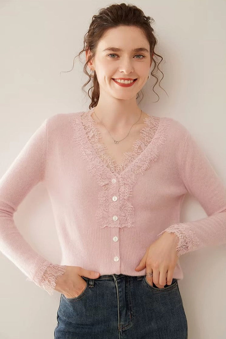 Cashmere Cardigan with Lace-Trim Detail and Relaxed Knit Fit in Khaki