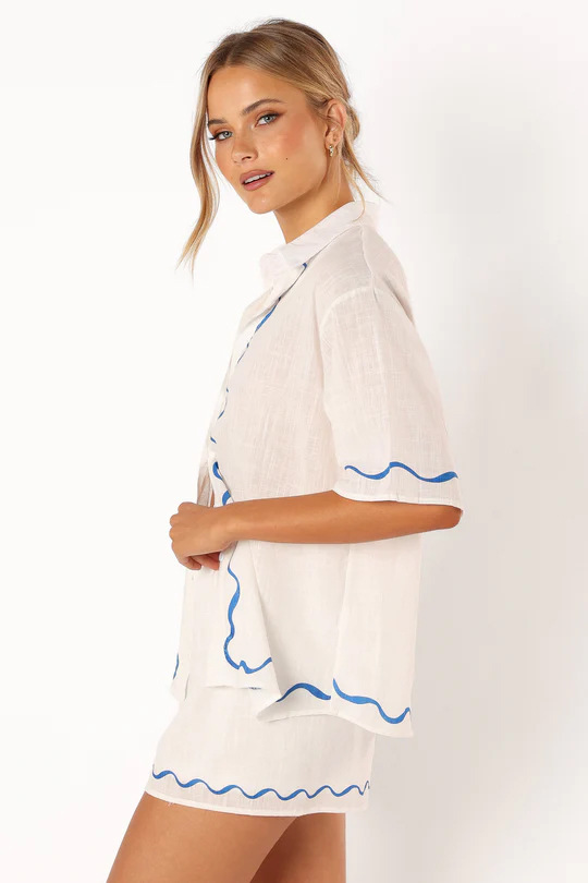 Two-Piece Co-ord Set with Sun-Print Shirt and Matching Shorts, Cotton-Linen Blend