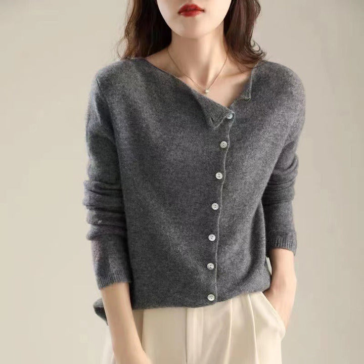 Asymmetric Button Sweater in Khaki Soft Knit with Off-Center Placket Detail and Long Sleeves