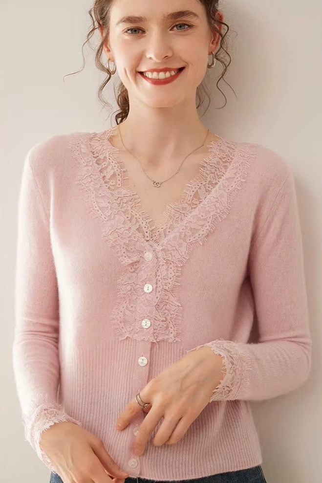 Cashmere Cardigan with Lace-Trim Detail and Relaxed Knit Fit in Khaki