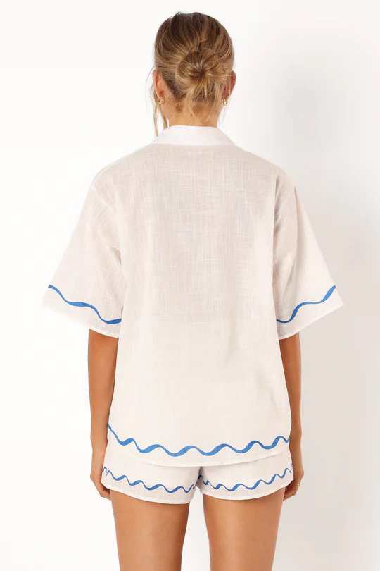 Two-Piece Co-ord Set with Sun-Print Shirt and Matching Shorts, Cotton-Linen Blend
