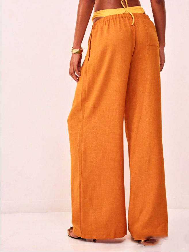Linen Drawstring Trousers with Relaxed Wide-Leg Fit and Elastic Waistband