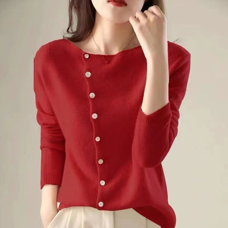 Asymmetric Button Sweater in Khaki Soft Knit with Off-Center Placket Detail and Long Sleeves