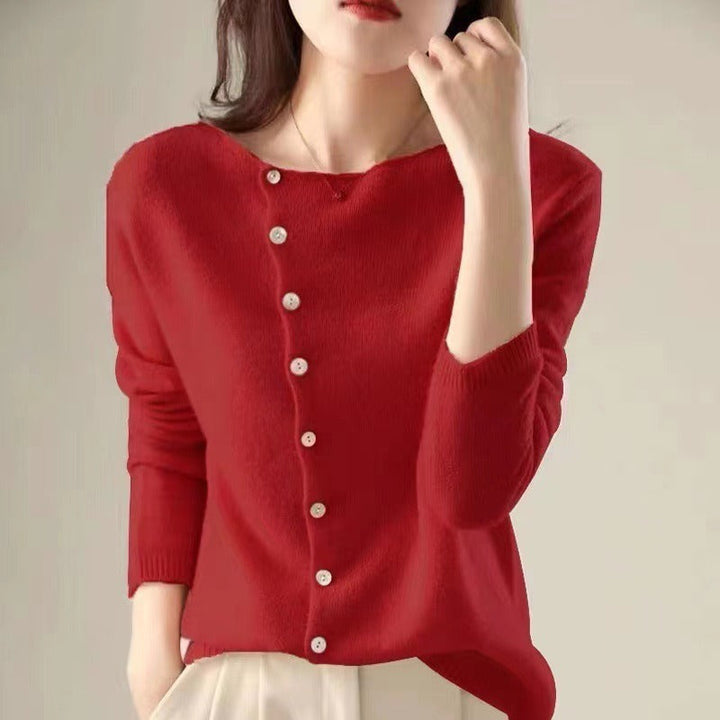 Asymmetric Button Sweater in Khaki Soft Knit with Off-Center Placket Detail and Long Sleeves