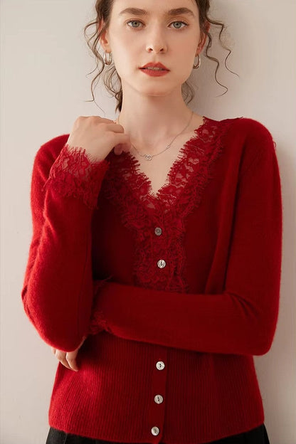 Cashmere Cardigan with Lace-Trim Detail and Relaxed Knit Fit in Khaki