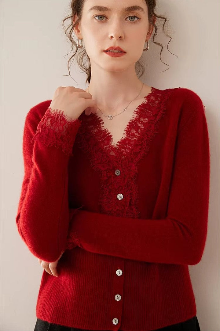 Cashmere Cardigan with Lace-Trim Detail and Relaxed Knit Fit in Khaki