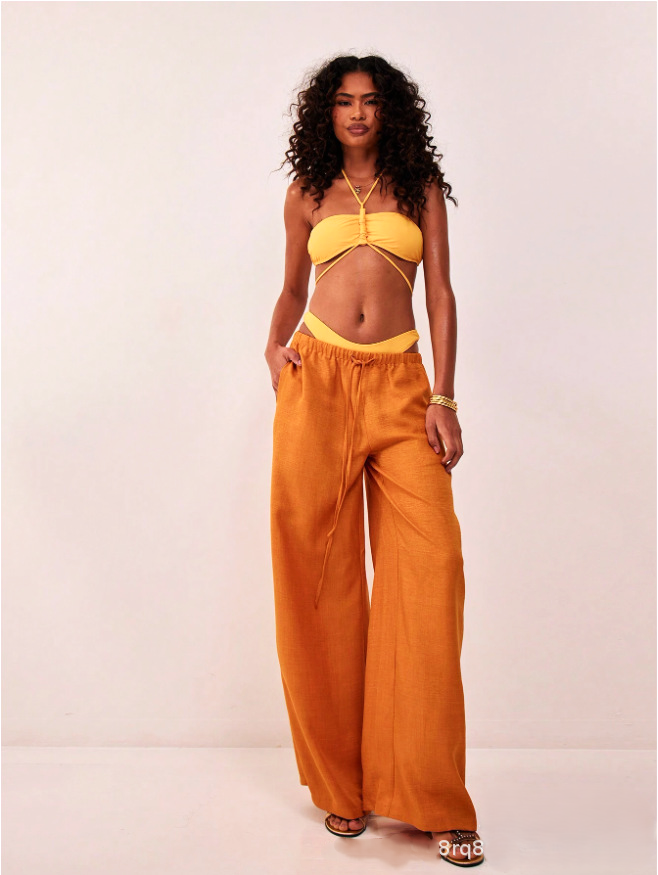 Linen Drawstring Trousers with Relaxed Wide-Leg Fit and Elastic Waistband
