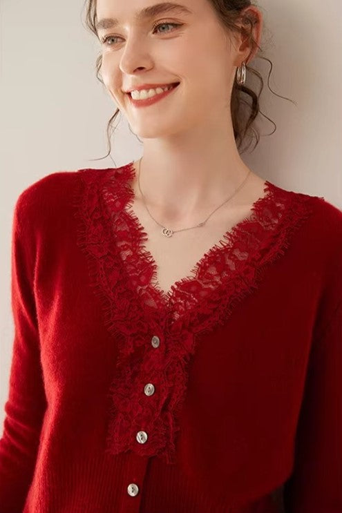 Cashmere Cardigan with Lace-Trim Detail and Relaxed Knit Fit in Khaki