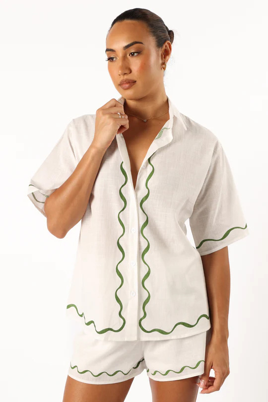 Two-Piece Co-ord Set with Sun-Print Shirt and Matching Shorts, Cotton-Linen Blend