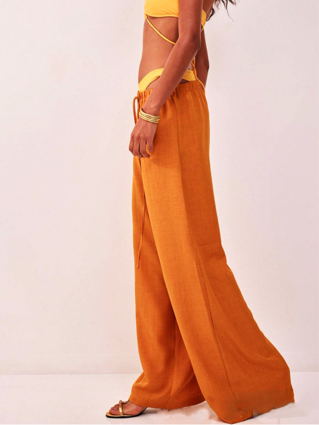 Linen Drawstring Trousers with Relaxed Wide-Leg Fit and Elastic Waistband