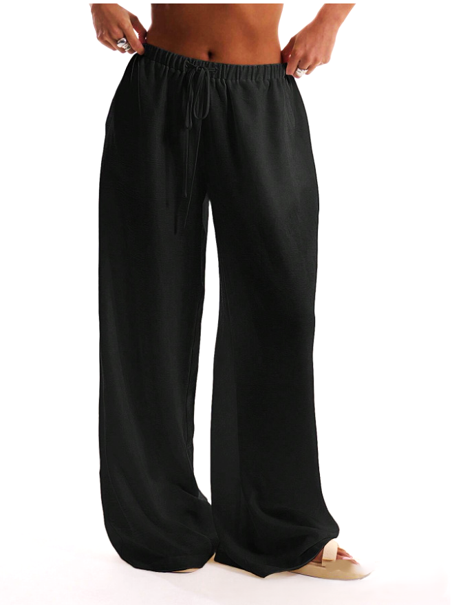 Linen Drawstring Trousers with Relaxed Wide-Leg Fit and Elastic Waistband