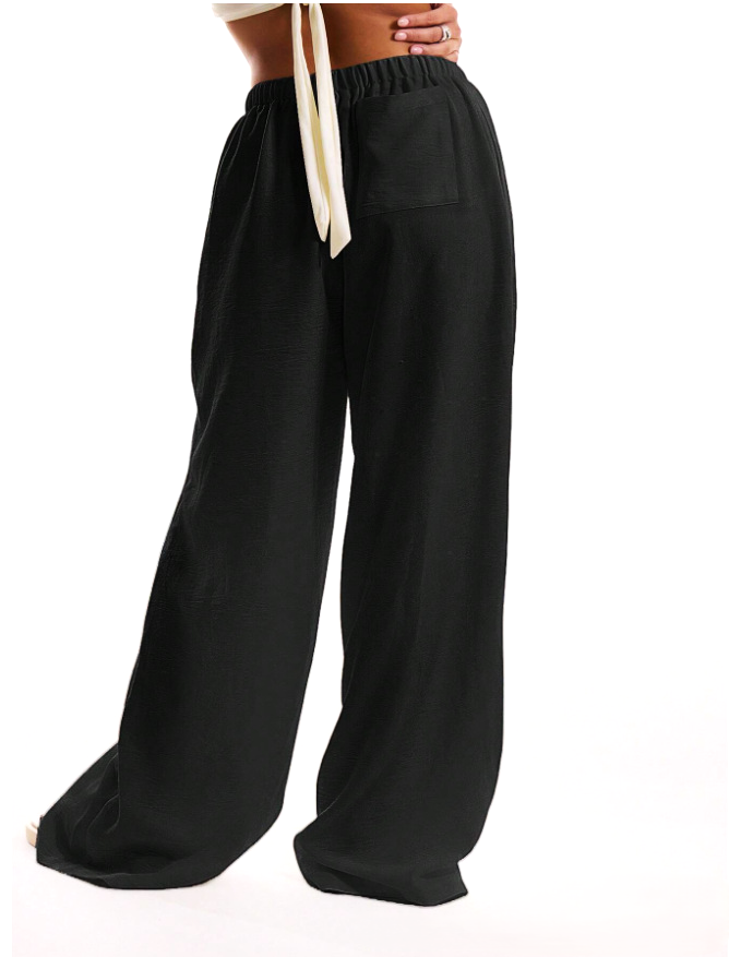 Linen Drawstring Trousers with Relaxed Wide-Leg Fit and Elastic Waistband