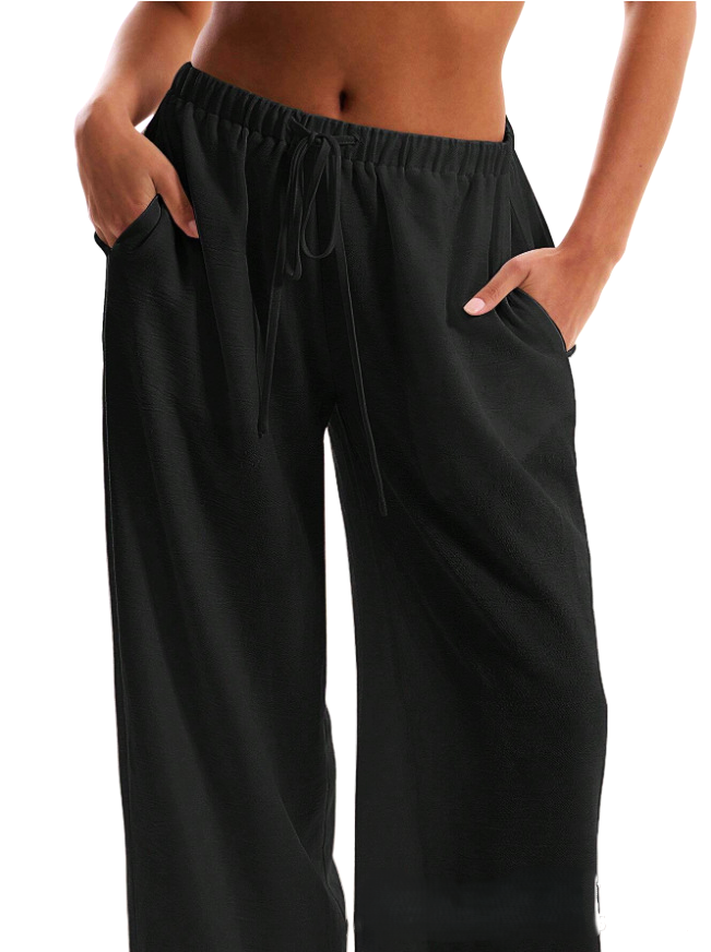 Linen Drawstring Trousers with Relaxed Wide-Leg Fit and Elastic Waistband