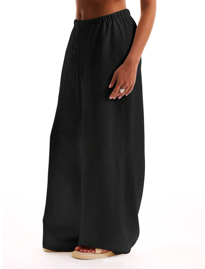 Linen Drawstring Trousers with Relaxed Wide-Leg Fit and Elastic Waistband