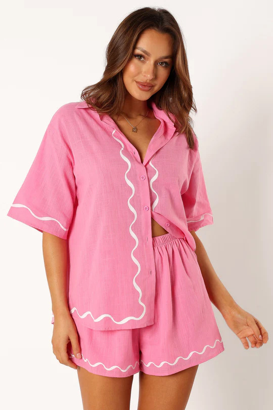 Two-Piece Co-ord Set with Sun-Print Shirt and Matching Shorts, Cotton-Linen Blend