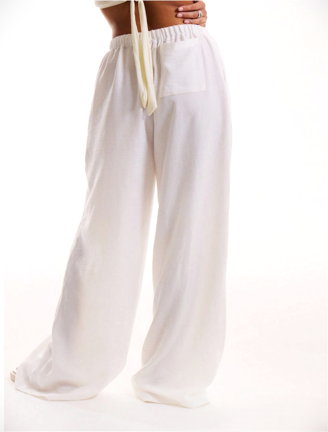 Linen Drawstring Trousers with Relaxed Wide-Leg Fit and Elastic Waistband