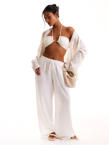 Linen Drawstring Trousers with Relaxed Wide-Leg Fit and Elastic Waistband