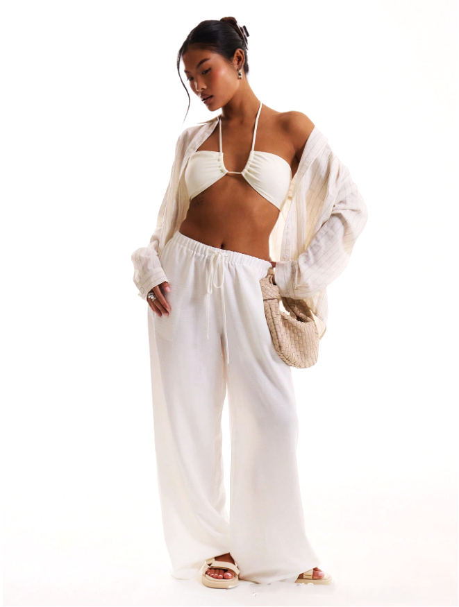 Linen Drawstring Trousers with Relaxed Wide-Leg Fit and Elastic Waistband
