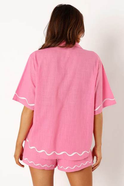 Two-Piece Co-ord Set with Sun-Print Shirt and Matching Shorts, Cotton-Linen Blend