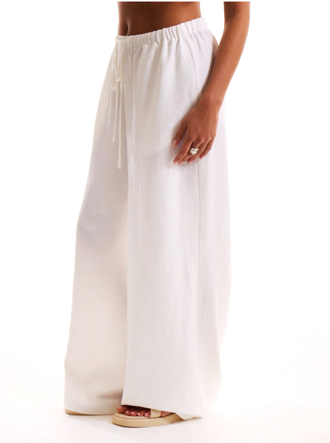 Linen Drawstring Trousers with Relaxed Wide-Leg Fit and Elastic Waistband