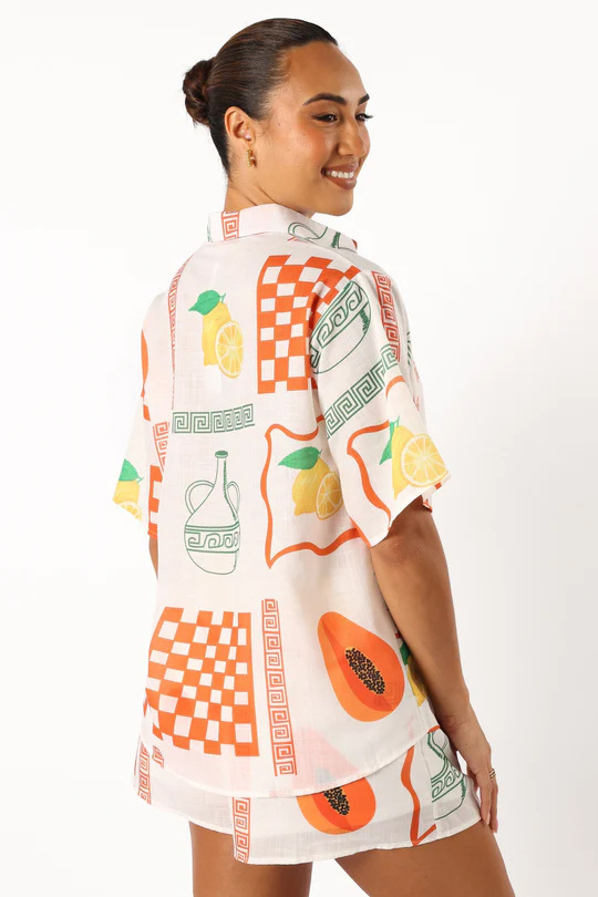 Two-Piece Co-ord Set with Sun-Print Shirt and Matching Shorts, Cotton-Linen Blend
