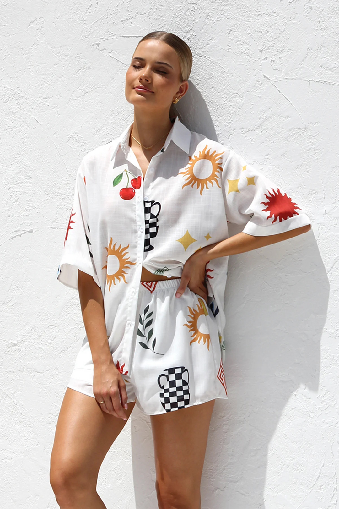 Two-Piece Co-ord Set with Sun-Print Shirt and Matching Shorts, Cotton-Linen Blend