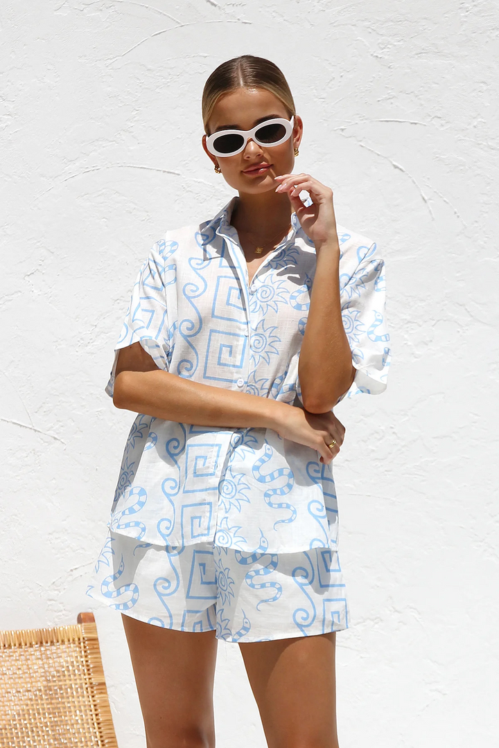 Two-Piece Co-ord Set with Sun-Print Shirt and Matching Shorts, Cotton-Linen Blend