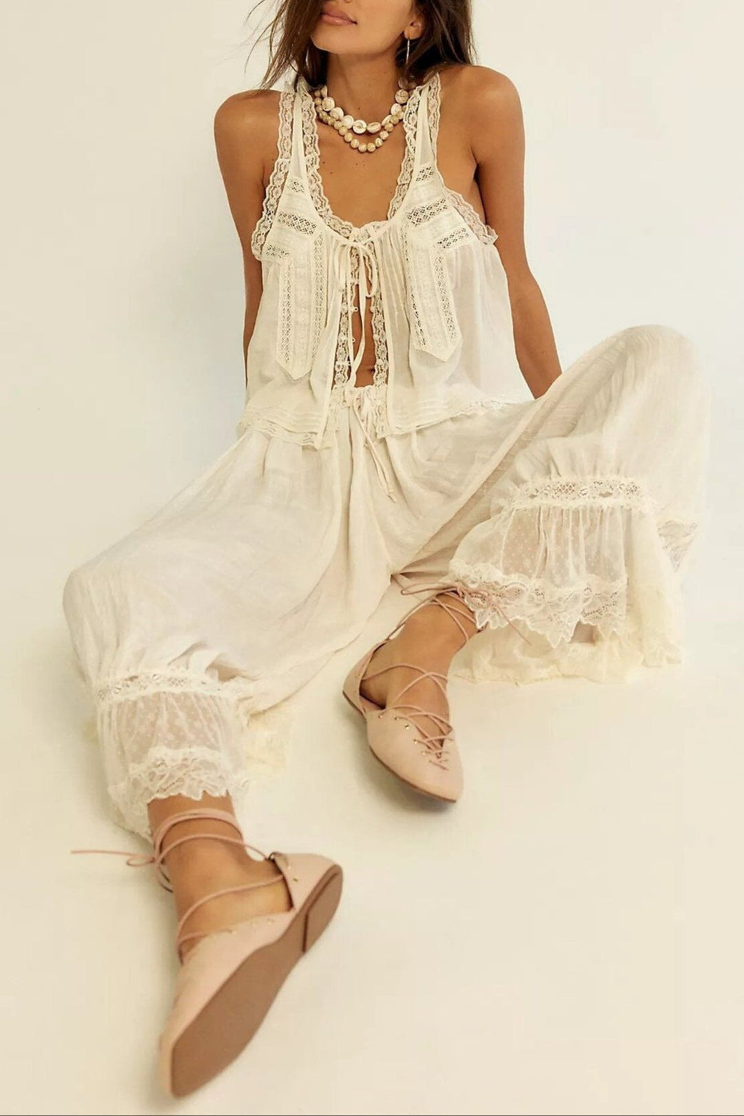 Lace-Trim Cotton Two-Piece Set with Tank Top and Wide-Leg Drawstring Pants
