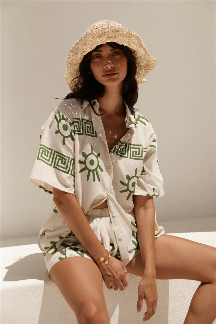 Two-Piece Co-ord Set with Sun-Print Shirt and Matching Shorts, Cotton-Linen Blend