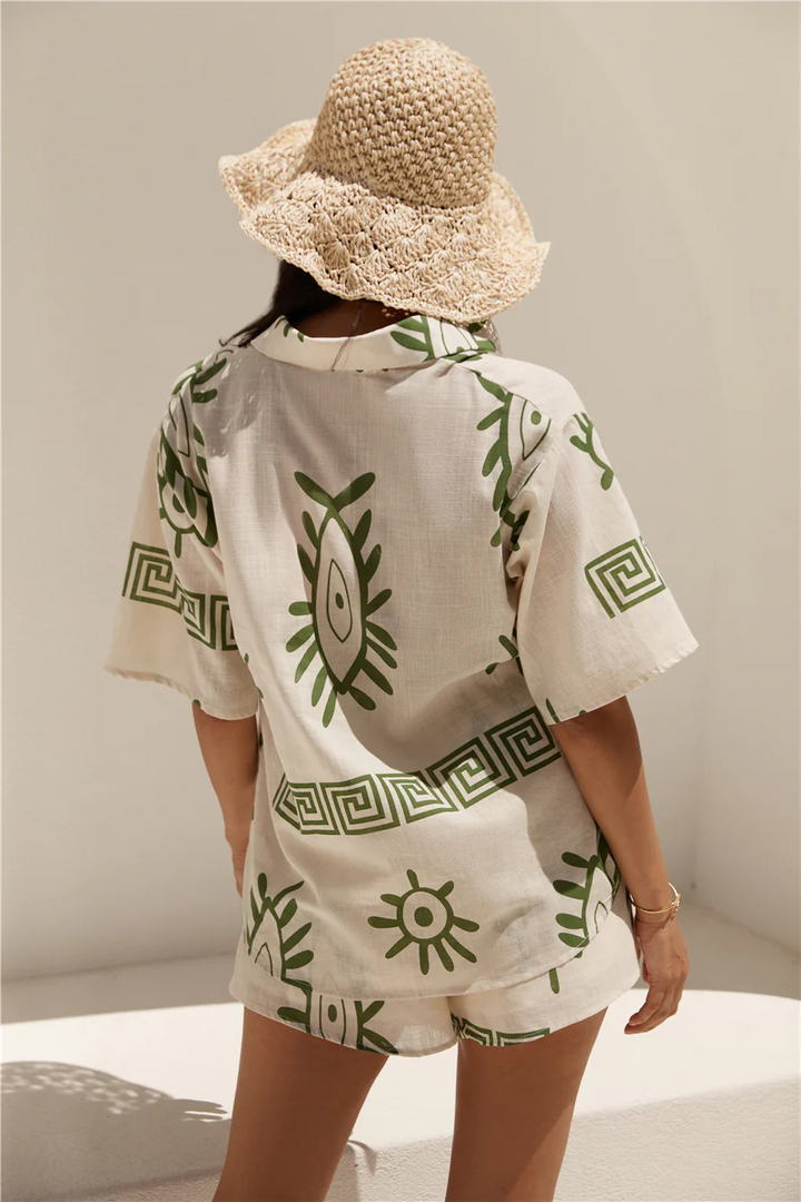Two-Piece Co-ord Set with Sun-Print Shirt and Matching Shorts, Cotton-Linen Blend