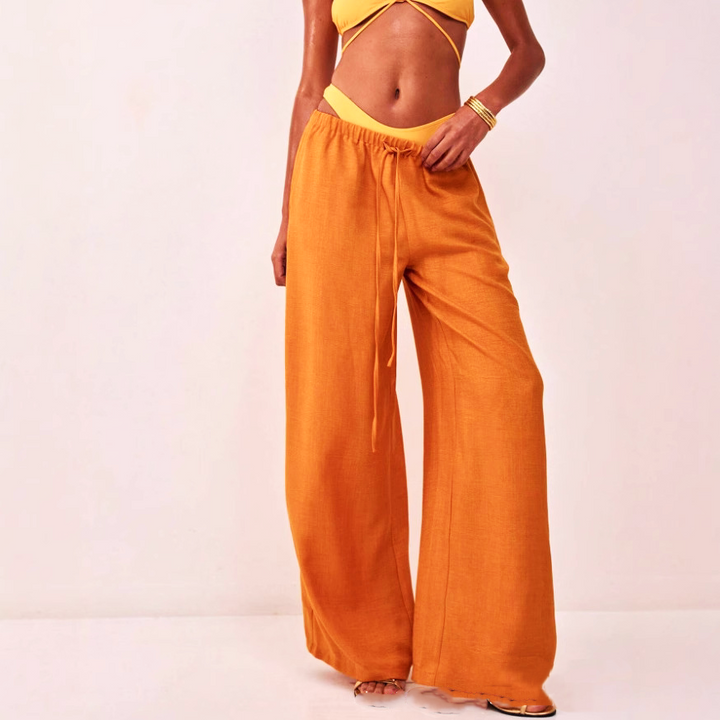 Linen Drawstring Trousers with Relaxed Wide-Leg Fit and Elastic Waistband