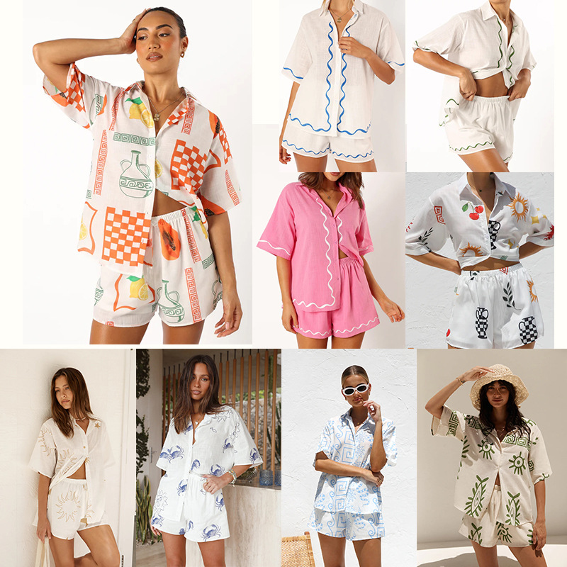 Two-Piece Co-ord Set with Sun-Print Shirt and Matching Shorts, Cotton-Linen Blend