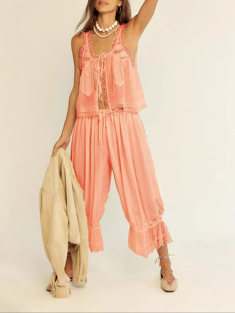 Lace-Trim Cotton Two-Piece Set with Tank Top and Wide-Leg Drawstring Pants