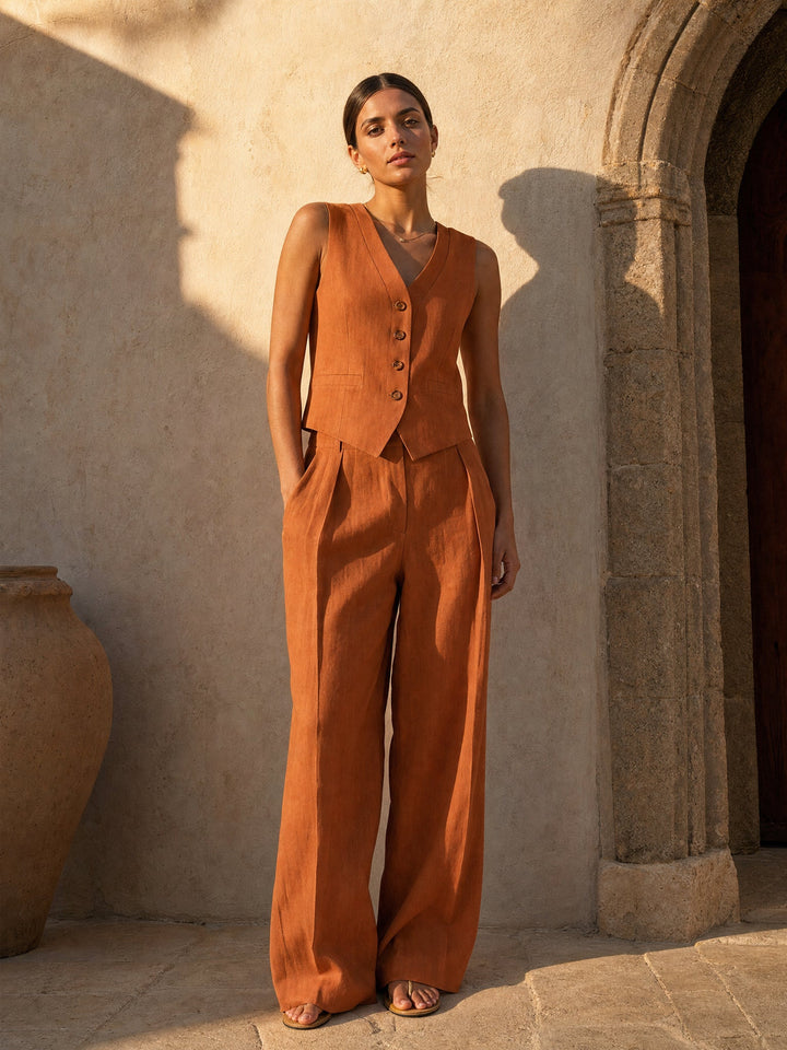 Linen Trouser Set with Buttoned Vest Top and Wide-Leg Pleated Trousers, Two-Piece Design