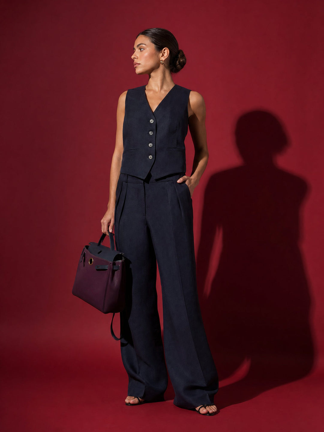 Linen Trouser Set with Buttoned Vest Top and Wide-Leg Pleated Trousers, Two-Piece Design