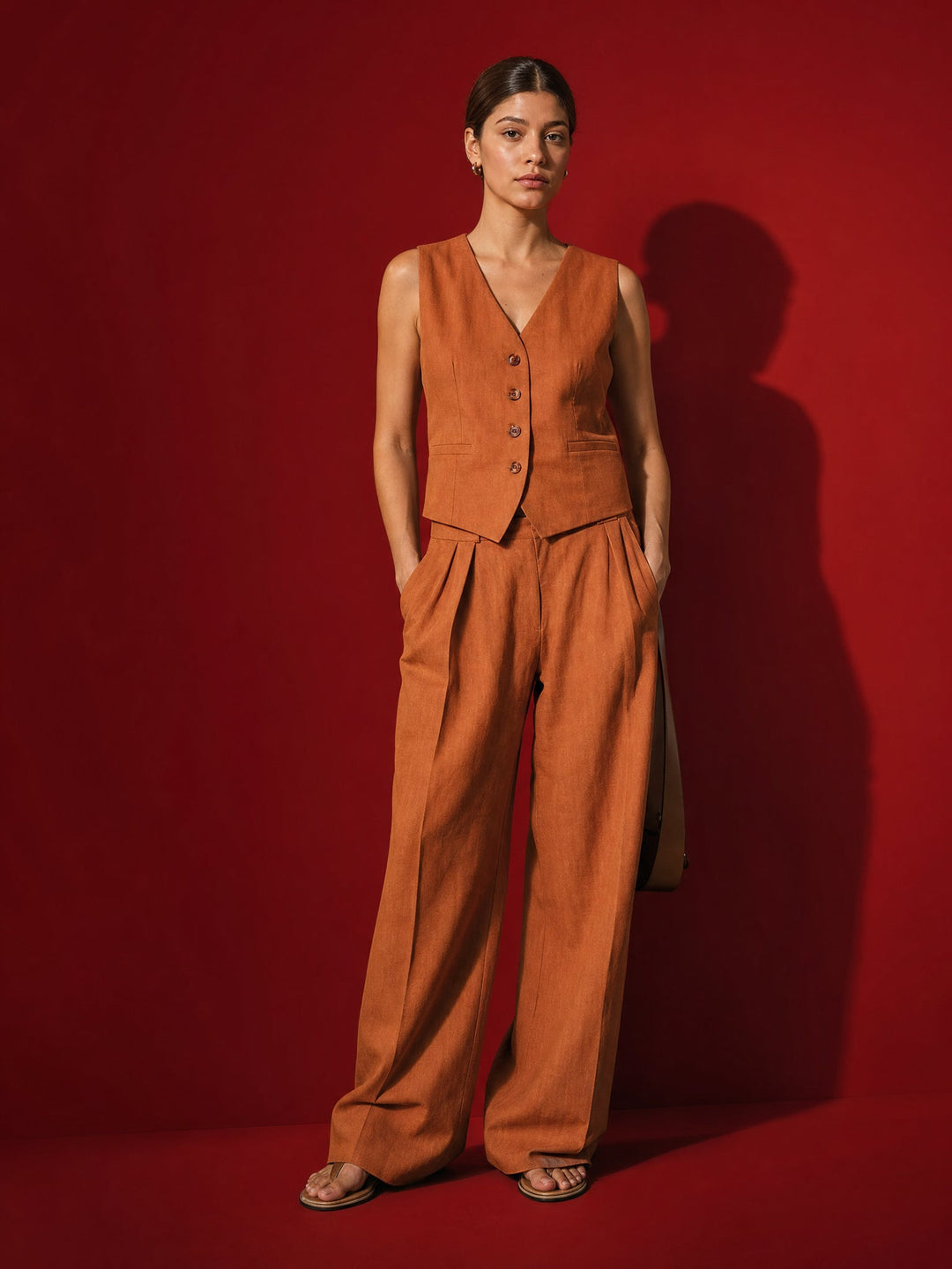 Linen Trouser Set with Buttoned Vest Top and Wide-Leg Pleated Trousers, Two-Piece Design