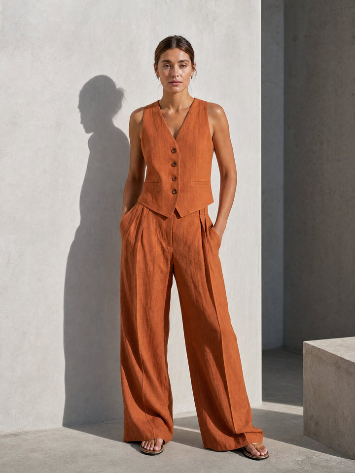 Linen Trouser Set with Buttoned Vest Top and Wide-Leg Pleated Trousers, Two-Piece Design