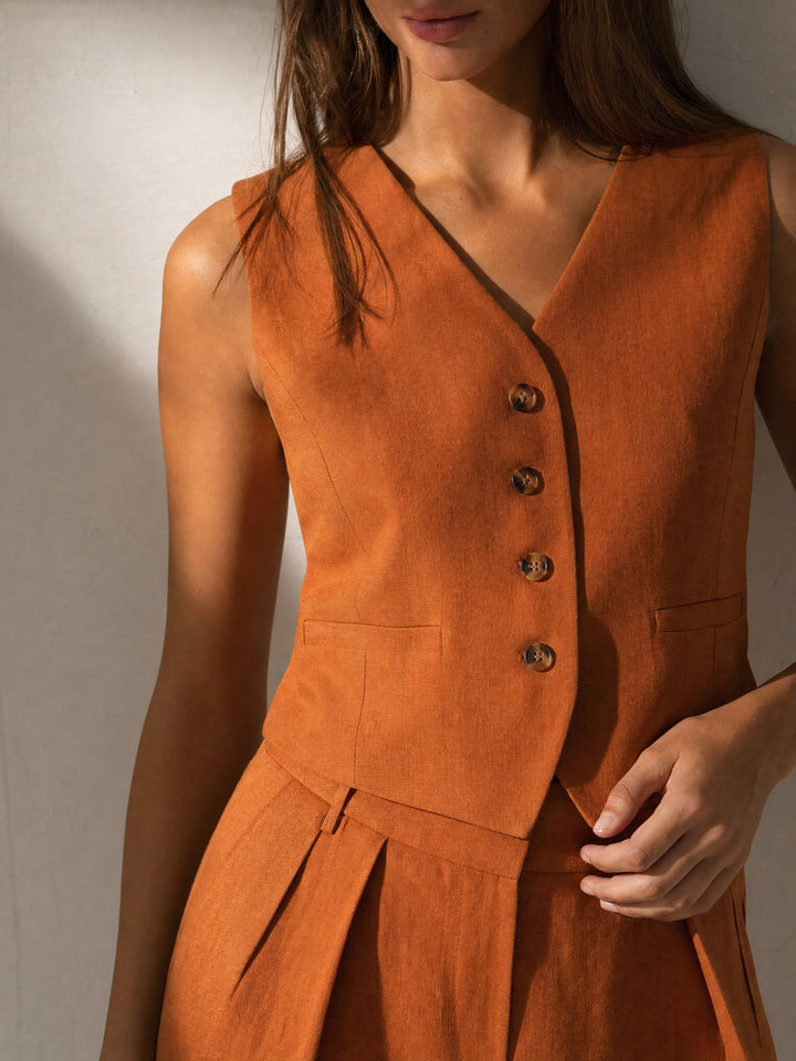 Linen Trouser Set with Buttoned Vest Top and Wide-Leg Pleated Trousers, Two-Piece Design