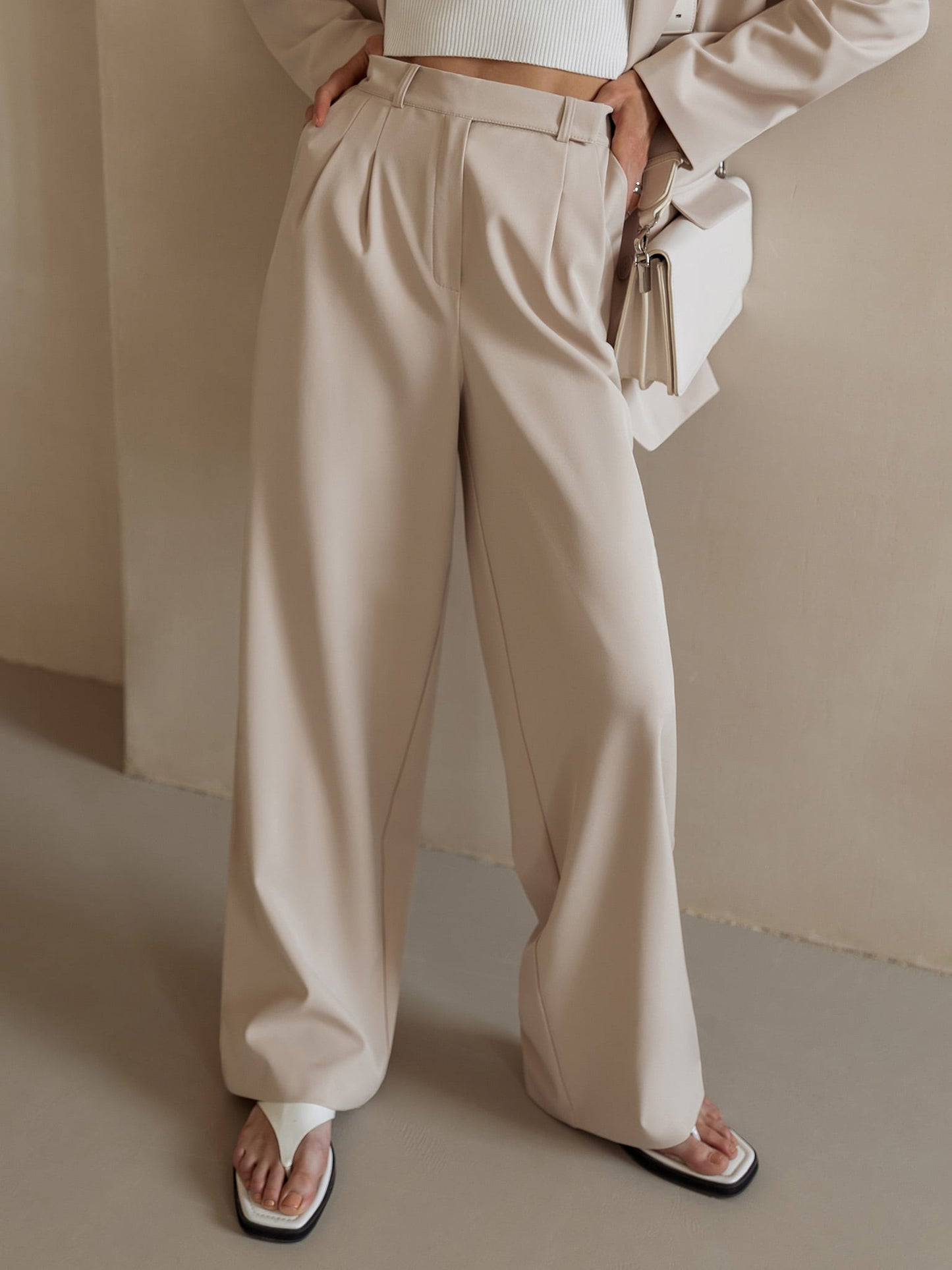 Wide-Leg Trousers with High-Waisted Tailored Fit, Cotton Blend Fabric, and Deep Pockets