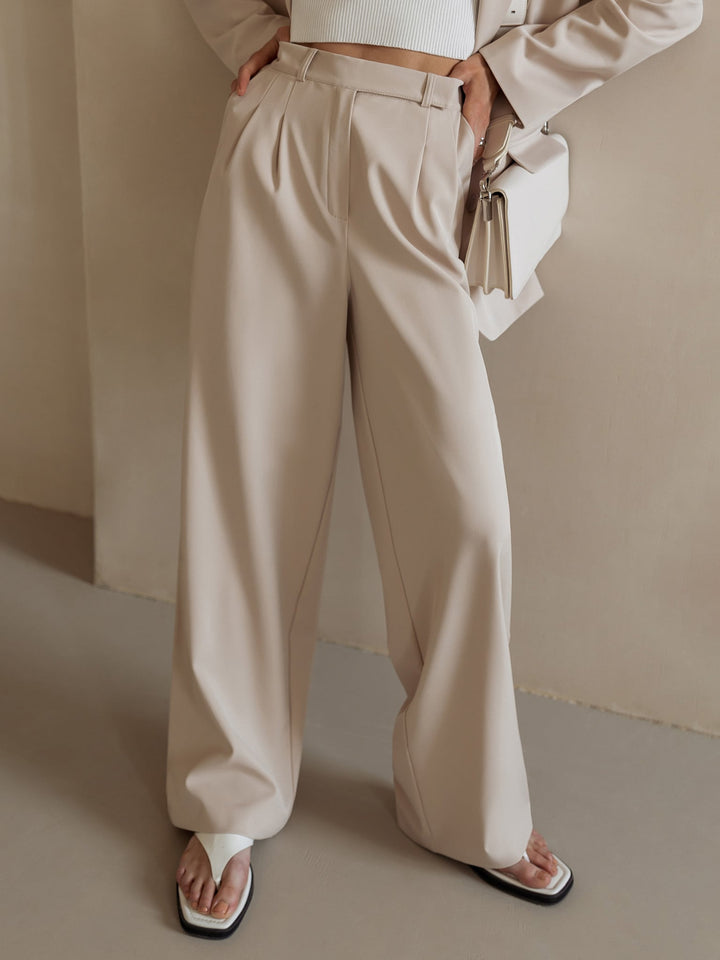 Wide-Leg Trousers with High-Waisted Tailored Fit, Cotton Blend Fabric, and Deep Pockets
