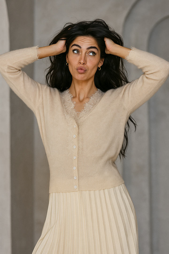 Cashmere Cardigan with Lace-Trim Detail and Relaxed Knit Fit in Khaki