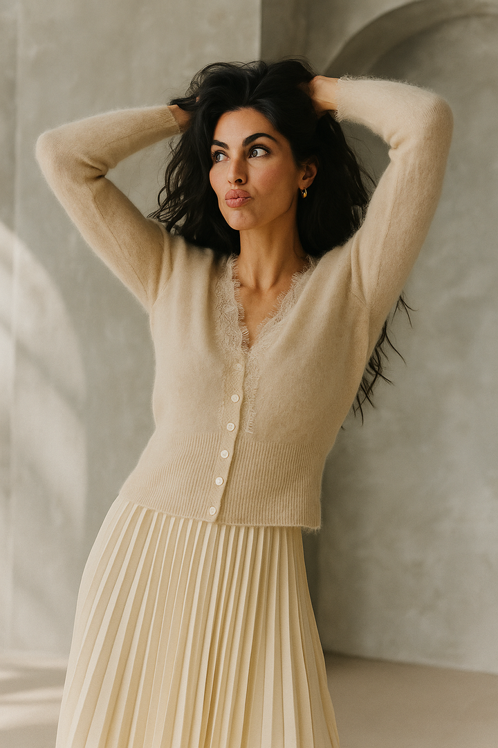 Cashmere Cardigan with Lace-Trim Detail and Relaxed Knit Fit in Khaki