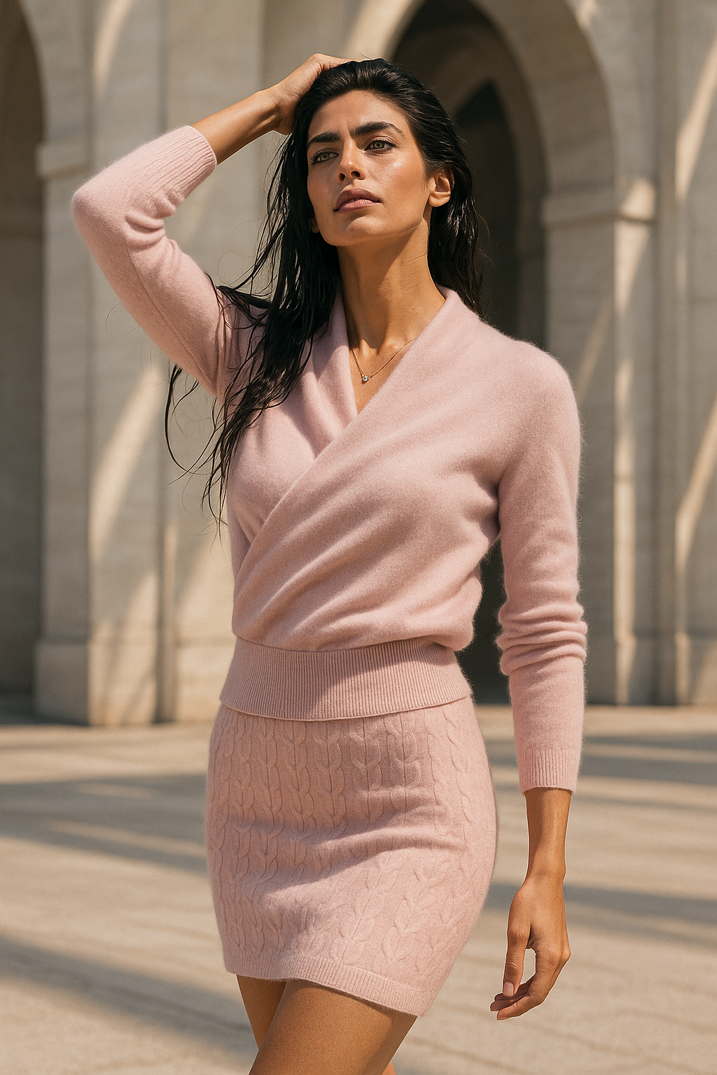 Cashmere Crossover Collar Sweater with Relaxed Standard Fit in Soft Pink