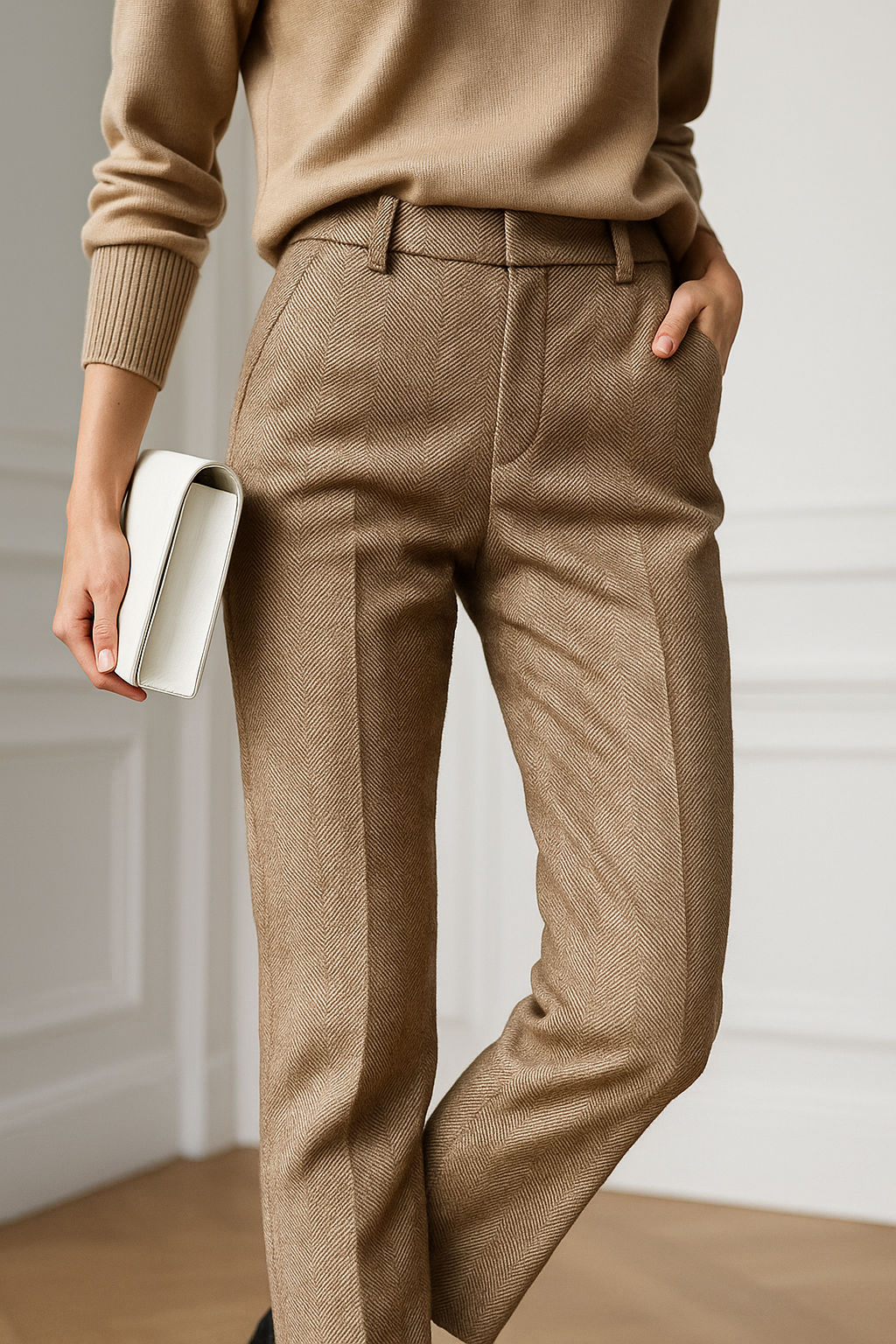 Trousers in Wool Blend, Straight-Leg High-Waist Fit, Non-Stretch, Camel